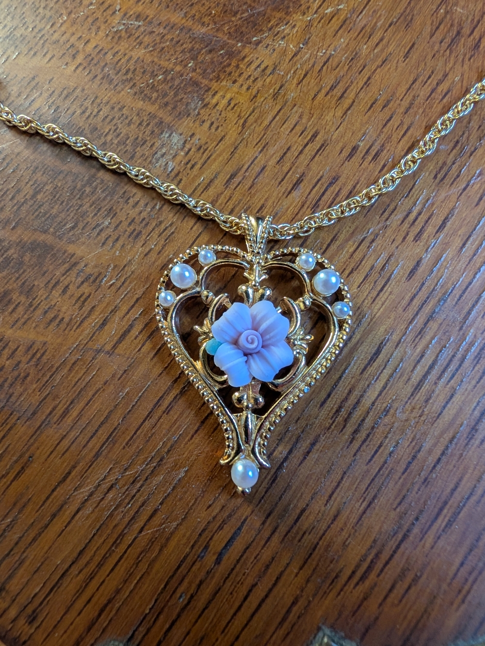 Gold Heart Pendant Necklace with Pink Floral Accent and Pearls Vintage Avon